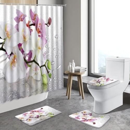 White Orchid Phalaenopsis Flower Shower Curtain Flowers Plant Bathroom Curtains Set Non-Slip Rug Toilet Lid Cover and Bath Mat