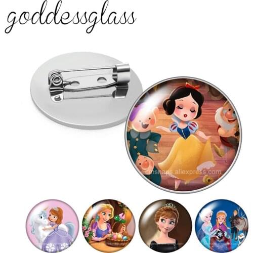 Disney Princess Snow white Anna Sofia Round Glass cabochon Silver color Brooch Dome Photo Jewelry Brooches Pin For Gift