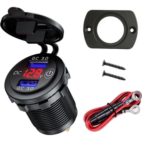 ABS QC 3.0 USB Charger Fast Charger Motorcycle Dual Car USB Charger Socket LED Display with Cover Suitable for Trucks Boats