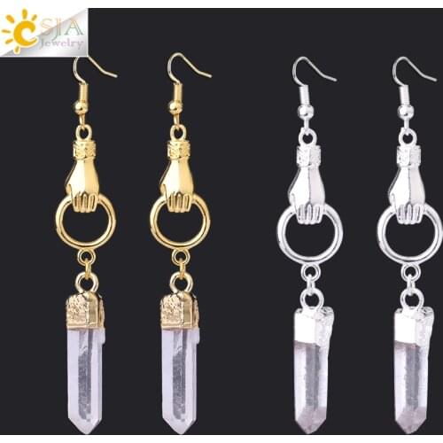 CSJA Long Drop Earrings for Girl Gold Silver Color Natural White Crystal Quartz Irregular Stone Boho Hand Charm Ear Pendant F858