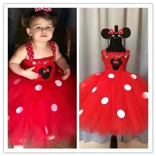 Girls Red Tutu Dress Kids Crochet Tulle Straps Dress Ball Gown with Hairbow Children Birthday Party Costume Cosplay Dress