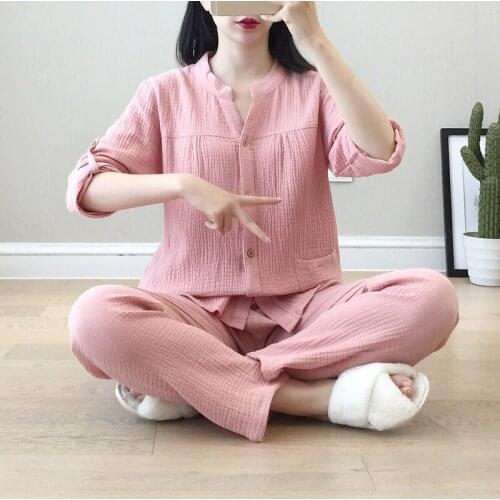 Long-sleeved home service suit cardigan Japanese cotton gauze pajamas ladies spring and autumn cotton pijama feminino bathrobe