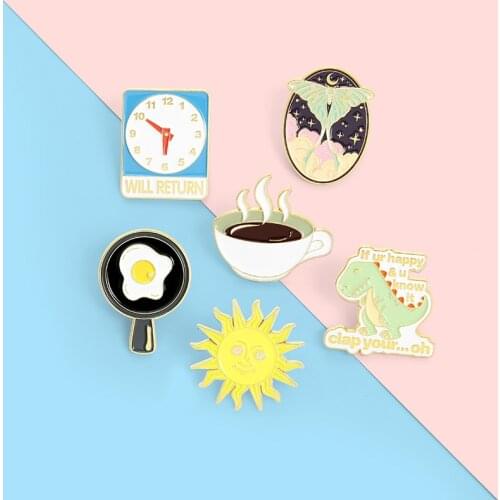 Creative Fun Animal Dinosaur Butterfly Sun Enamel Brooch Coffee Clock Fried Egg Alloy Pins Badge Clothes Accessories Jewelry