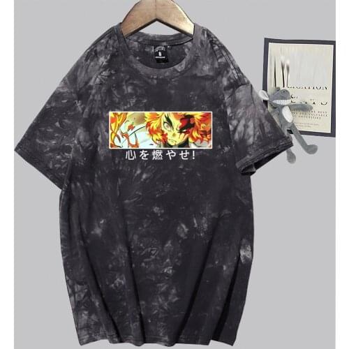 Demon Slayer Rengoku Print Fashion Short Sleeve Round Neck Tie Dye Anime T-shirt