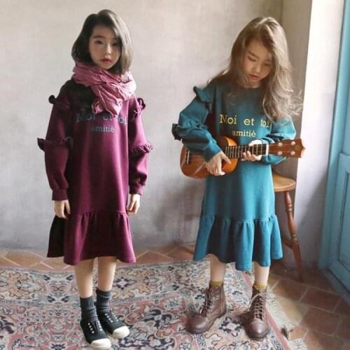 Foreign Style Girls Fashion Ruffles Spliced Long Sleeve Dress Spring & Fall Kids Loose Sweater Dresses Childrens One Piece P366