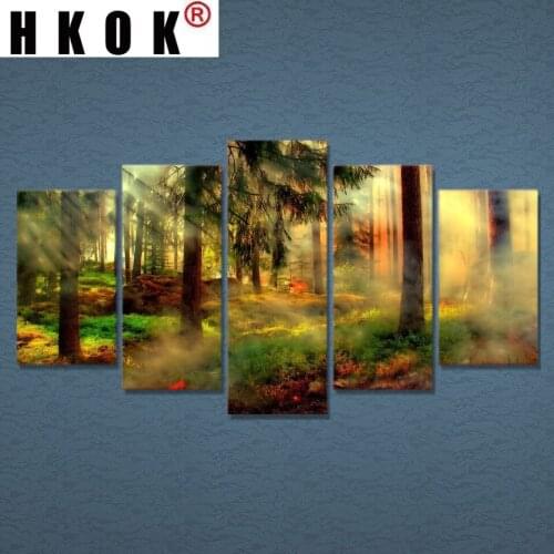 HKOK 5pcs Vintage Misty Forest Fire Poster Modular Picture Wall Art Decor Canvas HD Printed Oil Paintings For Living Home Decor