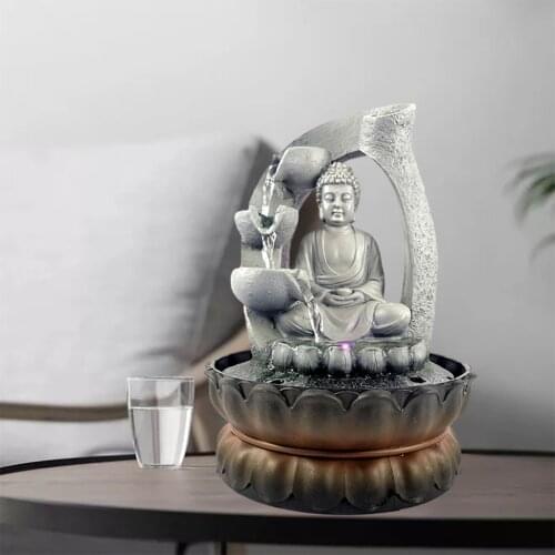 Buddha Tabletop Fountain Outdoor Garden LED Lights Rustic Water Waterfall Feature Farmhouse Patio Home Office Sculpture Decor