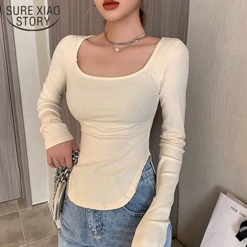 Autumn/Winter 2021 Slim T-shirt Womens Square Collar Knitted Bottoming Shirt Womens Long Sleeve Solid Top Elegant Blouse 16199