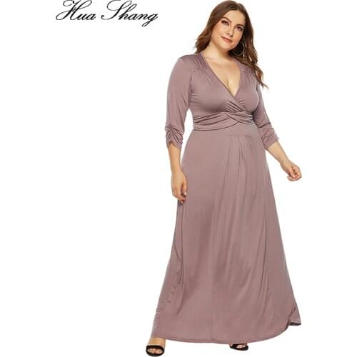 Autumn Dress Women Plus Size 2019 Fashion Female V Neck Three Quarter Sleeve High Waist Party Dress Lady Tunic Maxi Long Dresses