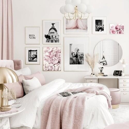 Photography Poster Wall Art Canvas Painting Black and White Figure Pink Flower Print Home Decor Print for Dormitory Picture