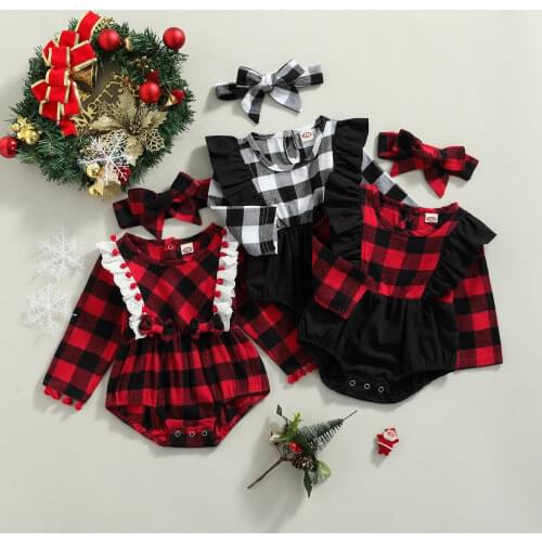 FOCUSNORM 0-18M Infant Baby Girls Boys Christmas Rompers Headband 2pcs Plaid Printed Ruffles Long Sleeve Jumpsuits