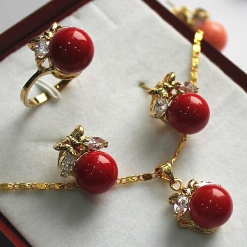 Prett Womens Wedding fancy jewelry set 10mm red shell pearl,ring, pendant & stud earring