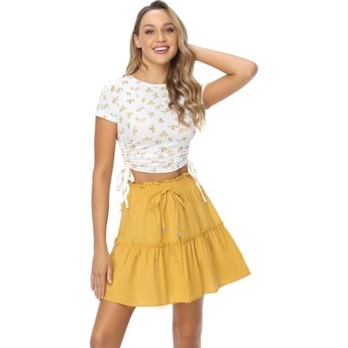 QRWR T Shirt 2021 Fashion Print Slim Ruched Drawstring Floral Top Casual Short Sleeve Solid O Neck Short Female Shirts