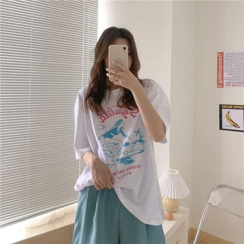 Retro Surf Print Loose T-shirt Womens T-shirts Tops Japanese Kawaii Ladies Ulzzang Female Korean Harajuku Clothes For Women