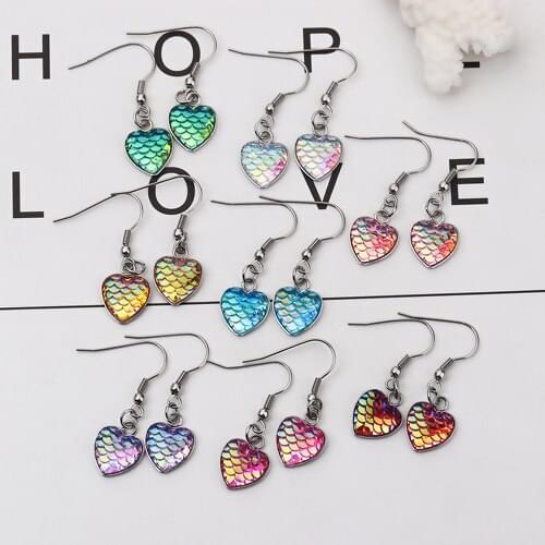 1pair 304 Stainless Steel Resin Heart Mermaid Fish Dragon Scale Earrings Silver Color AB Color Ear Post Stud Earrings