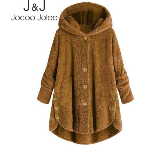 Jocoo Jolee Winter Women Wool Blend Button Coat Fluffy Turn-down Collar Outwear Jacket Casual Tops Hooded Pullover Loose Sweater