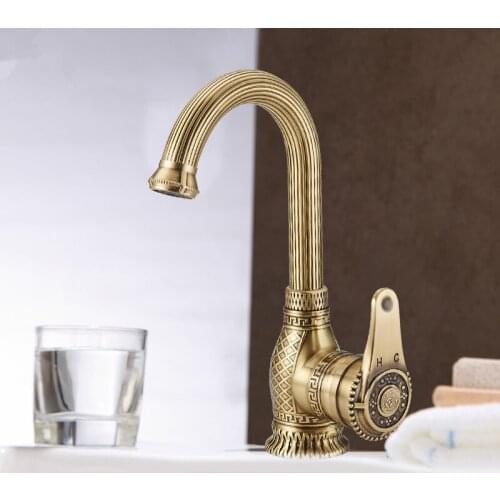 Bathroom Basin Faucet Antique Brass Sink Mixer Tap Double Use Hot & Cold Faucet Carved Rotating Deck Mounted Lavatory Crane Tap