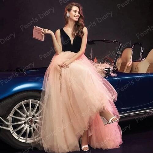 Princess Women Evening Wear Black Velour A Line Party Dress Custom Made V Neck Evening Gowns Tulle Robe de Soiree Prom Dresses