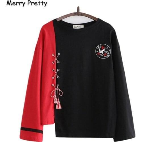 Merry Pretty Cotton Womens Cartoon Embroidery Lace Up Hoodies Sweatshirts 2020 Winter Long Sleeve O-Neck Tracksuits Pullovers