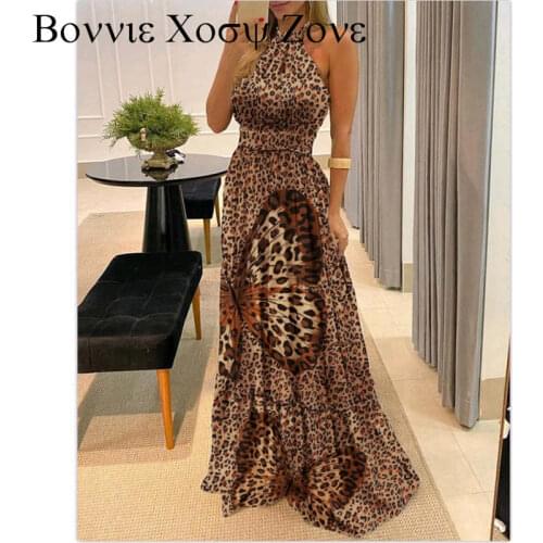Women Leopard Butterfly Print Halter Backless Maxi Dress Beach Wearing Lady Casual Sleeveless Outfit
