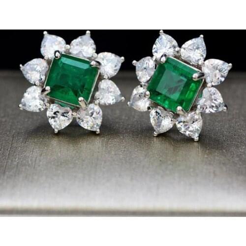 Retro 925 Sterling Silver 10*10mm Emerald Gemstone Lab Diamonds Stud Earrings For Women Wedding Party Fine Jewelry Gift