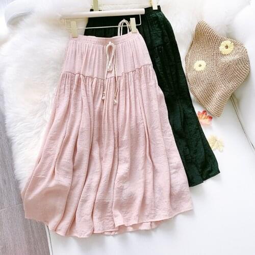 Bowtie Lace Up Women Skirts Cotton Linen High Waist Slim A-Line Pleated Skirt Patchwork Student Long Midi Skirt OL Jupe Femme