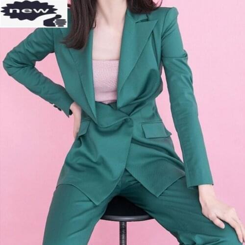 OL Style Fashion Blazer Women 2021 Spring Autumn Elegant Lapel Double Breasted Suit Jacket Green Pants Two Piece Set Female