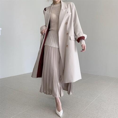 Mid-length Women Khaki Windbreaker Autumn Casual Vintage Elegant Notched Collar Double Breasted Apricot Trench Coat Abrigo Mujer
