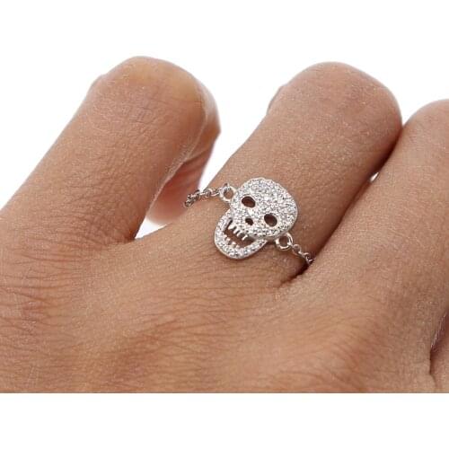 2018 new cool hiphop rock women jewelry micro pave cz skull charm delicate chain 925 sterling silver high quality minimal ring