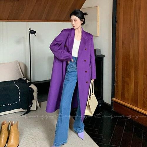 Herstory Autumn Winter Simple Women Solid Woolen Coats Female Double Breasted Vintage Blazer Long Coats Lady Fashion Outerwears