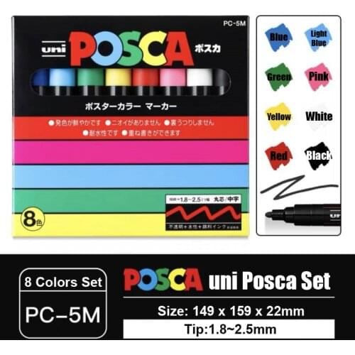 1 set Japan uni Posca PC-5M Paint Marker Tip 1.8-2.5mm Art Marker Pens Water-Based 8 Colors Set
