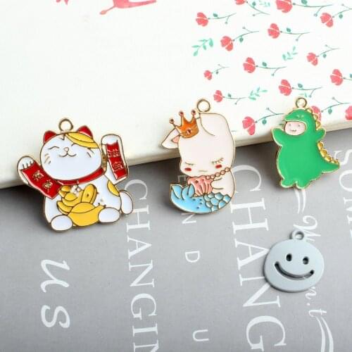 10pcs/lot Mermaid dinosaur smiley Lucky Cat Enamel Charms Jewelry Earring Bracelets DIY Pendant Jewelry Making Golden Base