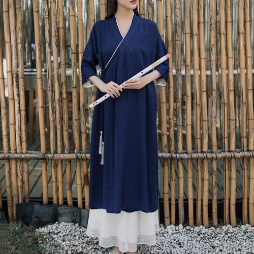 2021 chinese style improved hanfu cotton and linen v-neck design breathable fabric tang suit oriental style improved cheongsam