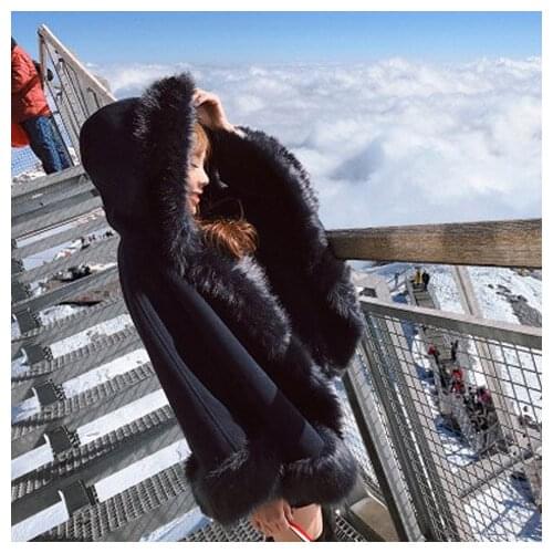 Abrigo Mujer Real Regular V-neck Full Sobretudo Winter Coat Winter Cloak Coat Loose Bat Sleeve Shawl Imitation Fox Fur 2020 New