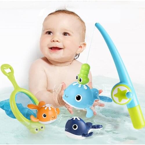 4Pcs/Set Magnetic Baby Water Bath Toy Clockwork Swim Plastic Whale Network Bag Pick Up & Fishing Rod Toys Infant Bathtub Game