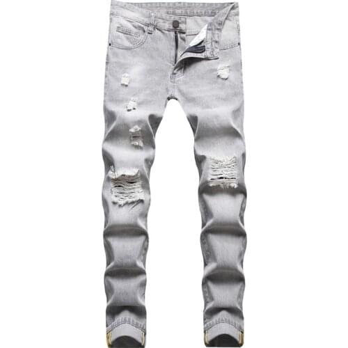 Mens Jeans Casual Large Size Hole Straight Gray Jeans Men Four Seasons Fashion Denim Pants 90s Boyfriend Jeans for Men