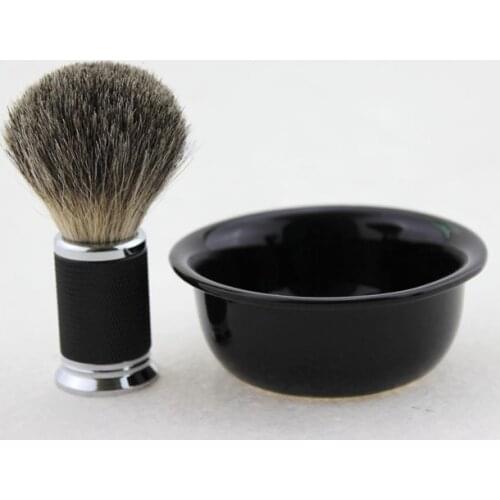 FS-#MI20-SET2, Mixed Badger Shaving Set with Metal black handle 20mm, Black Ceramic shaving bowl/mug