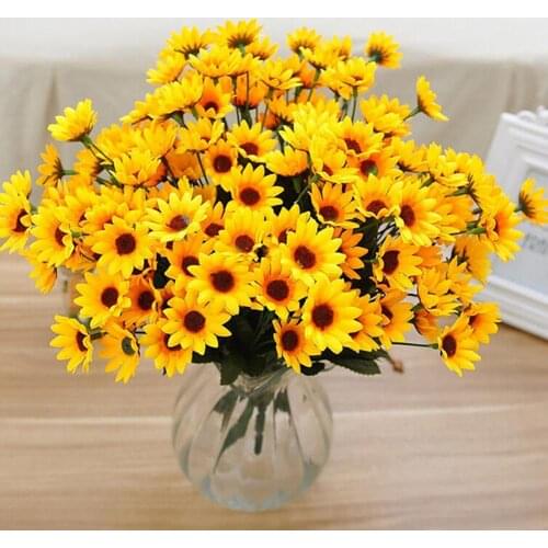 1 Bouquet 15 Heads 7 Branches Artificial Faux Silk Sunflower Bouquet Home Party Decor Wedding Table Setting Imitation Plants