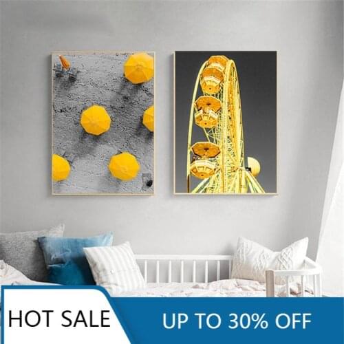 Canvas Painting Nordic City Street Landscape Poster Yellow Ferris Wheel Umbrella And Gray Street Contrast Print Art Home Decor