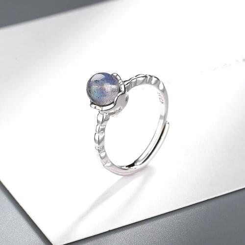 925 Sterling Silver Moonstone Round Bead Rings for Women Adjustable Wedding Ring Party Jewelry jz556