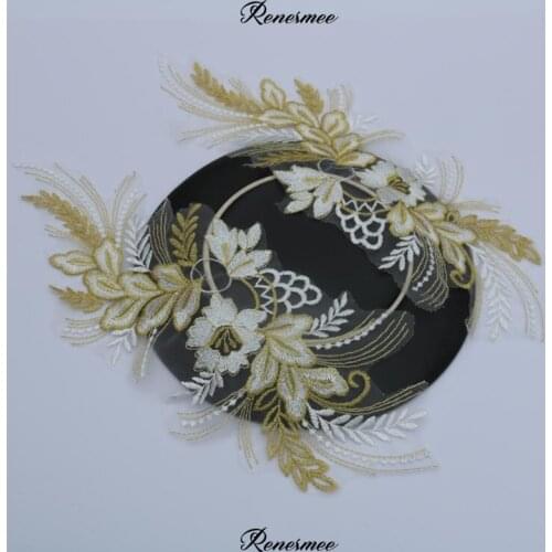 1Mirror pair Lace Applique Neckline Collar Ivory Mix Gold Embroidery Lace Trim Fabric Cloth Sewing Patchwork DIY Craft 35.5X14cm