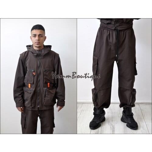 Sets Men Fashion Detachable Cargo Waistcoat With Pockets Military Jacket And Loose Fit Elastic Waist Buckle Pants Hip Hop