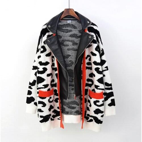 2019 Autumn Winter New Double-layer Fake Two Fashion Trend Ladies Leopard Coats Korea Large Size Knit Leather Jacket