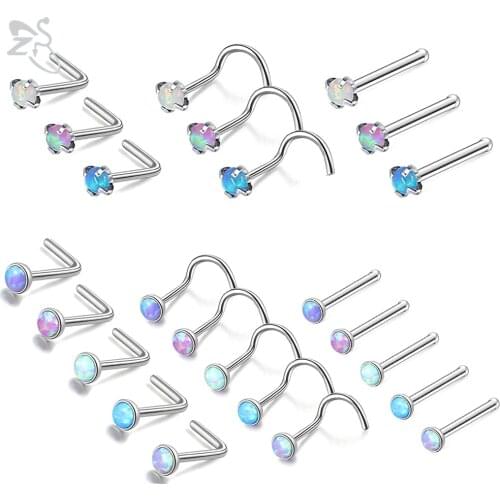 ZS 3-5pcs/lot Stainless Steel Nose Piercing Set Colorful Opal Nose Studs Retainer Pin L Shape 2MM Nostril Piercing Jewelry 20g