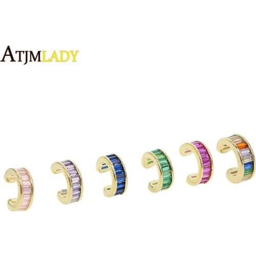 2019 new Clip-on Earrings No Pierced Non-piercing Earcuff Ear Clip Earrings Without Piercing baguette with rainbow cz cuff