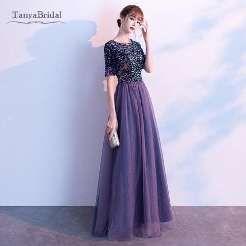 New Long Prom Dress Bling Bling Sequins Hand-Beaded Dubai Prom Dresses Half Sleeves Formal Party Gown vestido-de-festa