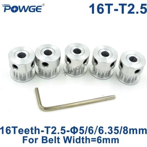 POWGE 10pcs 16 Teeth T2.5 Synchronous pulley bore 5mm 6mm 6.35mm 8mm For width 6mm T2.5 open timing Belt 16Tooth 16Teeth 16T