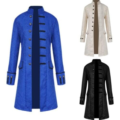 Medieval Retro Mens Clothing Trench Dust Coat Jacket Punk Jacquard Jackets Long Stand Collar Blue Black White Coat Tops