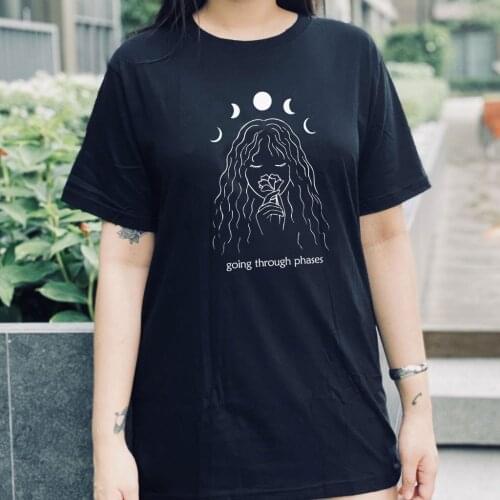 Going Through Phases Womens Gothic T-Shirt Grunge Aesthetic Celestial Moon Graphic Tee Cute Witch Top Oversized Goth Clothes