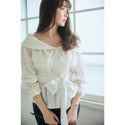 Spring and summer 2021 bow tie waist shirt solid off shoulder lotus leaf collar belt womens shirt